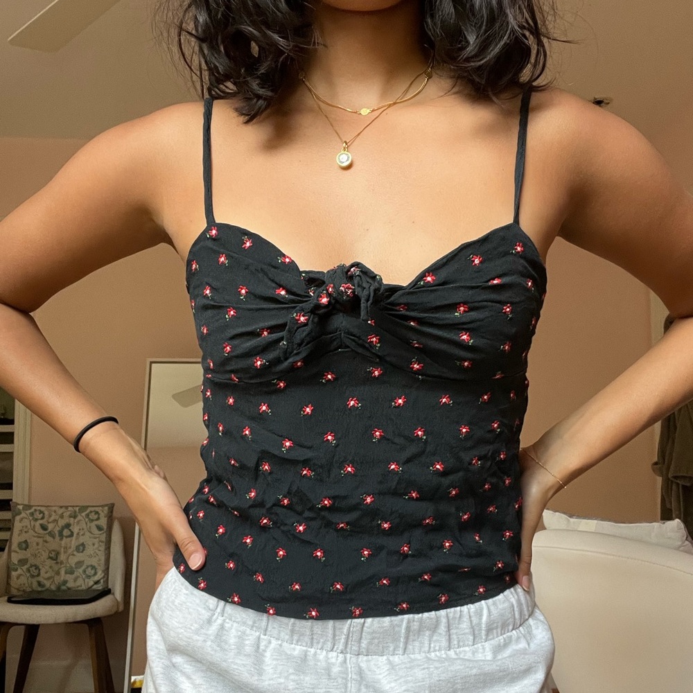Brandy Melville spaghetti strap black top with red flowers